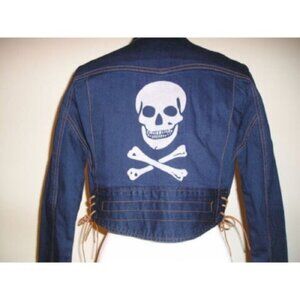 BETSEY JOHNSON Skull Skeleton Bone Suede Lace-up Tie Cropped Denim Jean Jacket 2